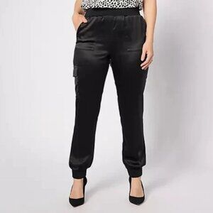 LOGO Lori Goldstein Satin Cargo Pant Rib Wstband-Black-Petite 3X-NEW-A629611
